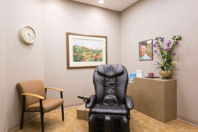 A waiting area where patients can relax and have their teeth whitened.
