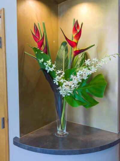 A beautiful floral arrangement adorns an alcove.